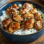 Instant Pot Teriyaki Chicken in a blue bowl with white rice