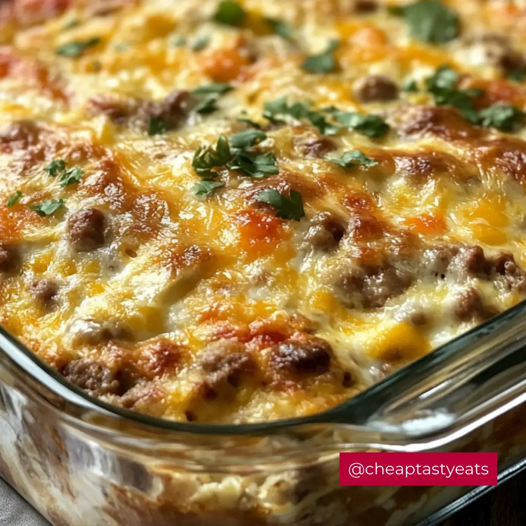 Sausage Cheddar Egg Bake in a glass casserole dish