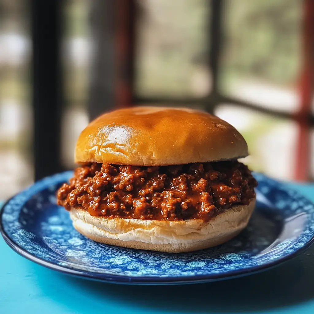 Sloppy Joe Sandwich on a blue plate