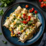 White Chicken Black Bean Enchiladas on a blue plate