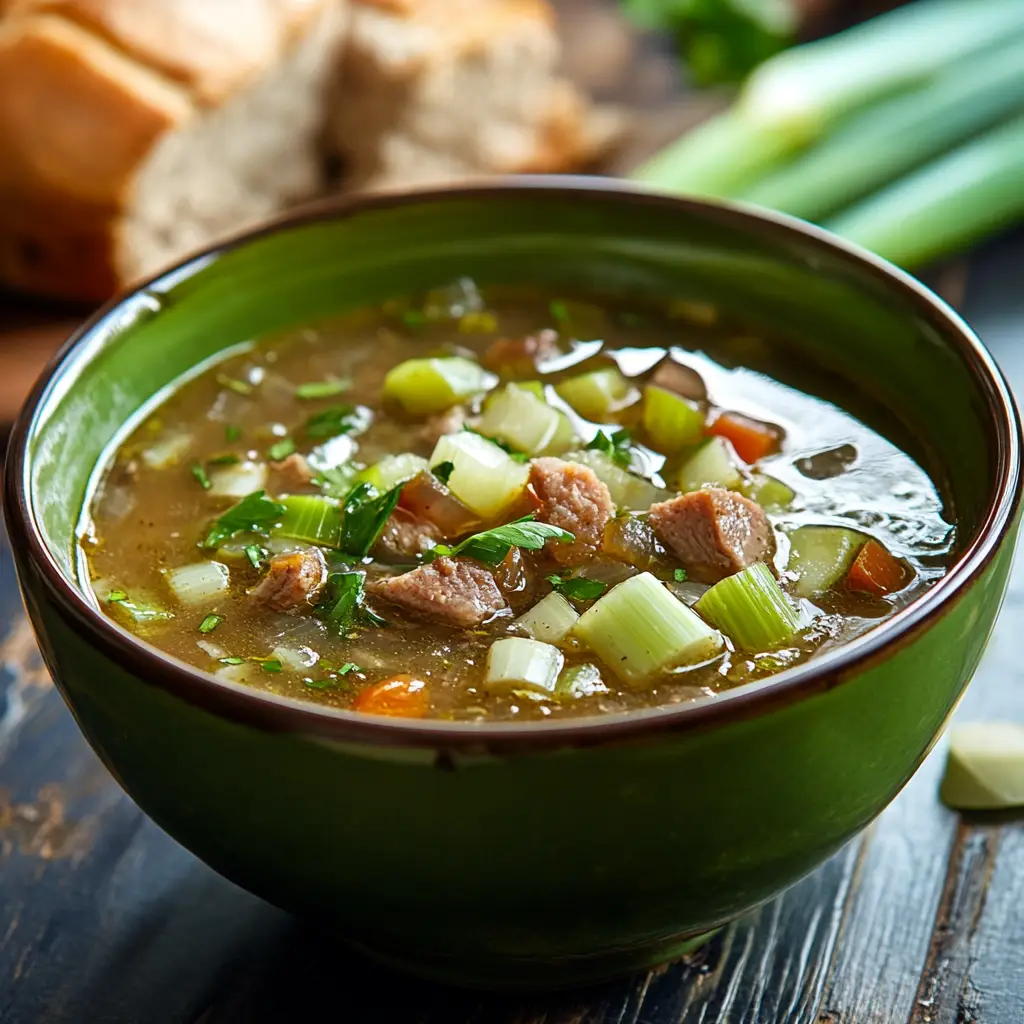 Beef and Leek Soup in a green bowl