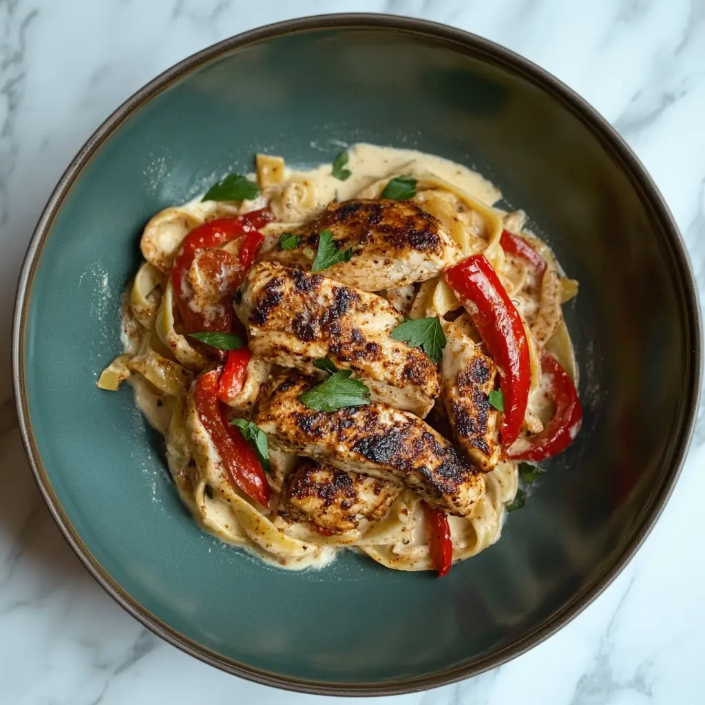 blackened chicken alfredo in a green dowl