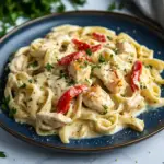 Cajun Chicken Alfredo on a blue plate