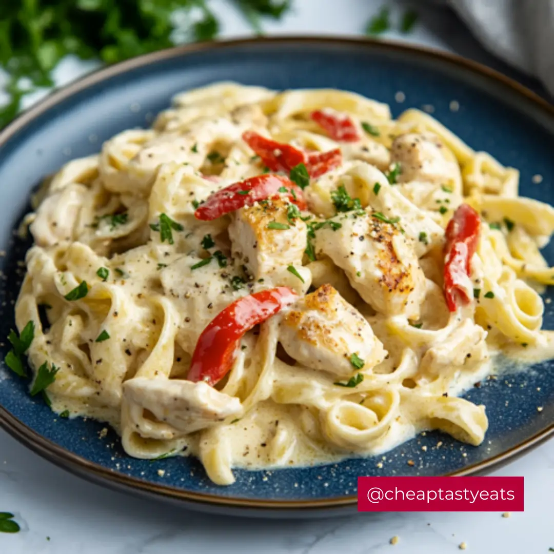 Cajun Chicken Alfredo on a blue plate