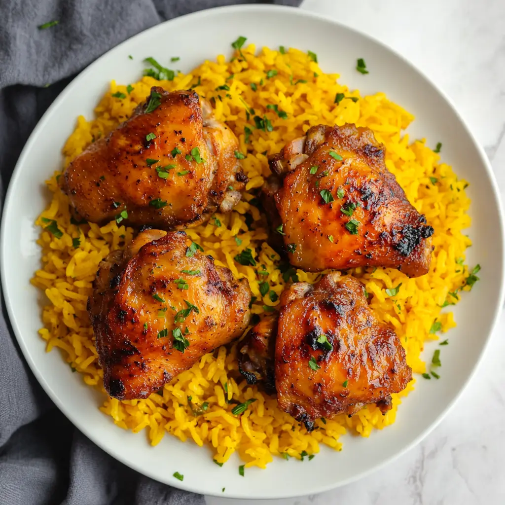 Chicken and Yellow Rice on a white plate