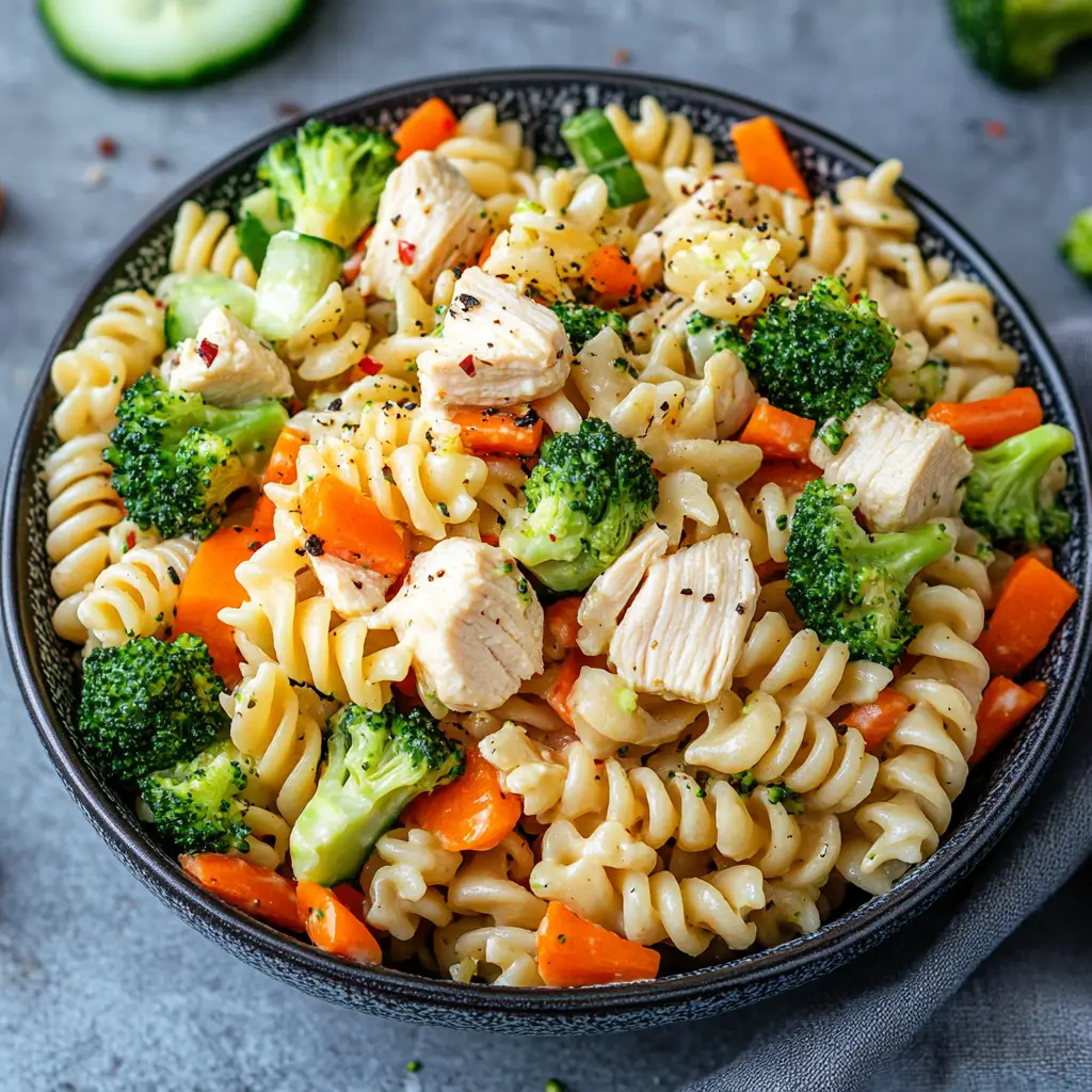 Chicken Pasta Salad in a blue bowl