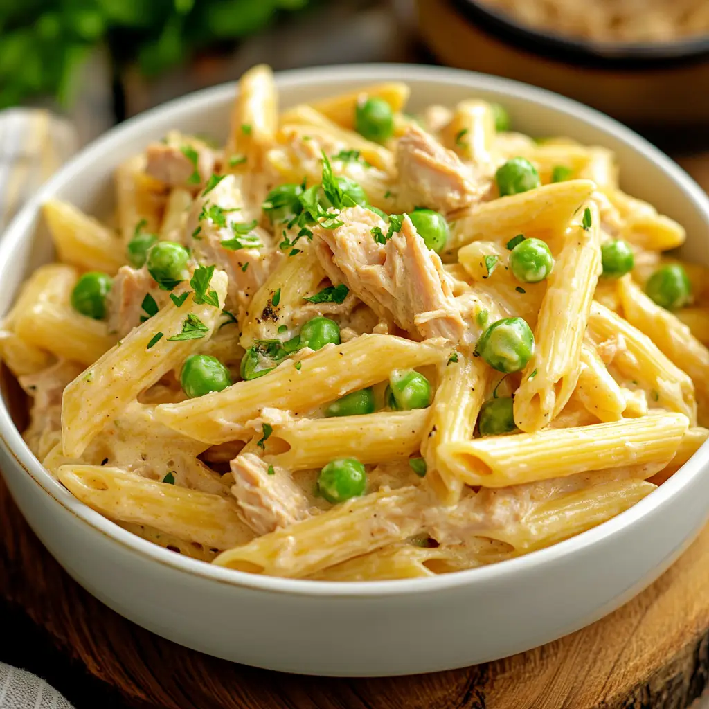 Creamy Tuna Pasta in a white bowl