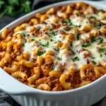 macaroni casserole in a white baking dish