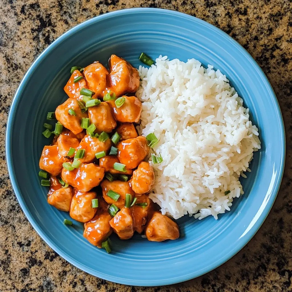 gluten free instant pot orange chicken with white rice in a blue bowl