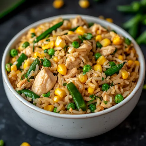 chicken fried rice in a grey bowl