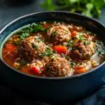 Meatball and Rice Soup in a blue bowl