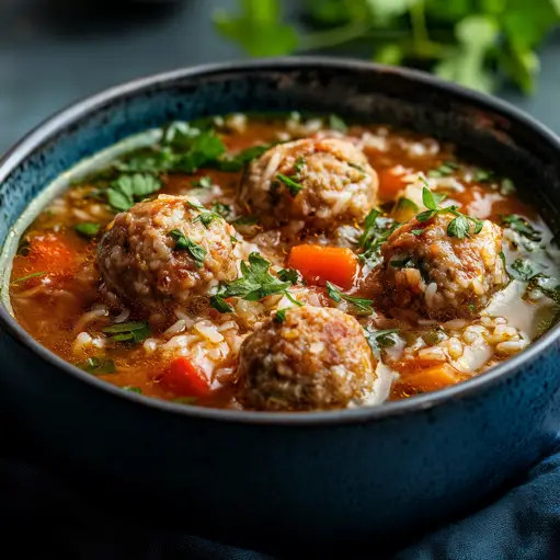 Meatball and Rice Soup in a blue bowl