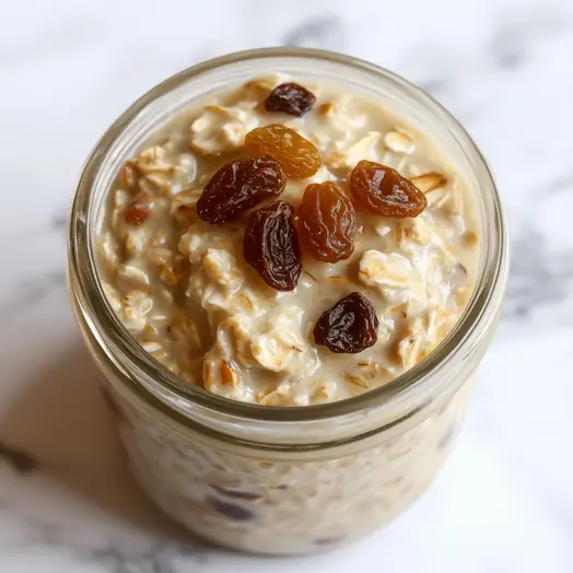 mason jar with overnight oats with raisins on top