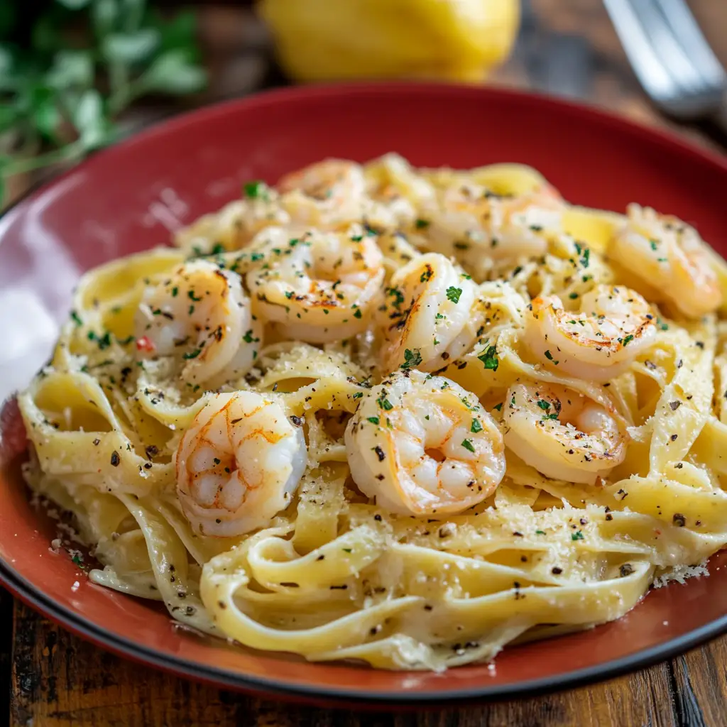 Shrimp Scampi Pasta on a red plate